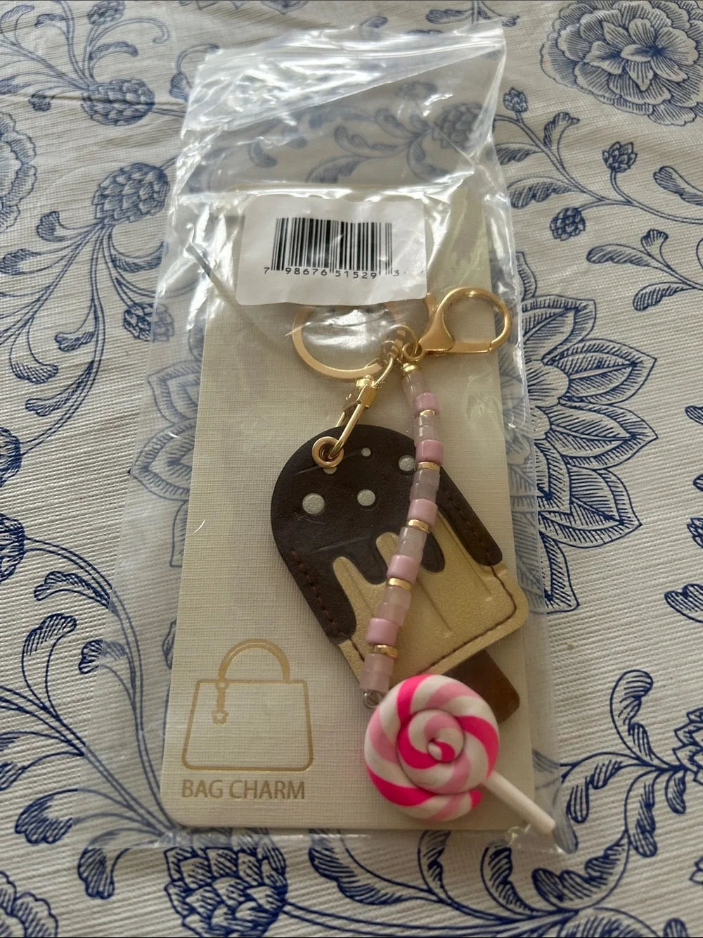 Gold-Tone Ice Cream & Pink Lollipop Bag Charm Keychain